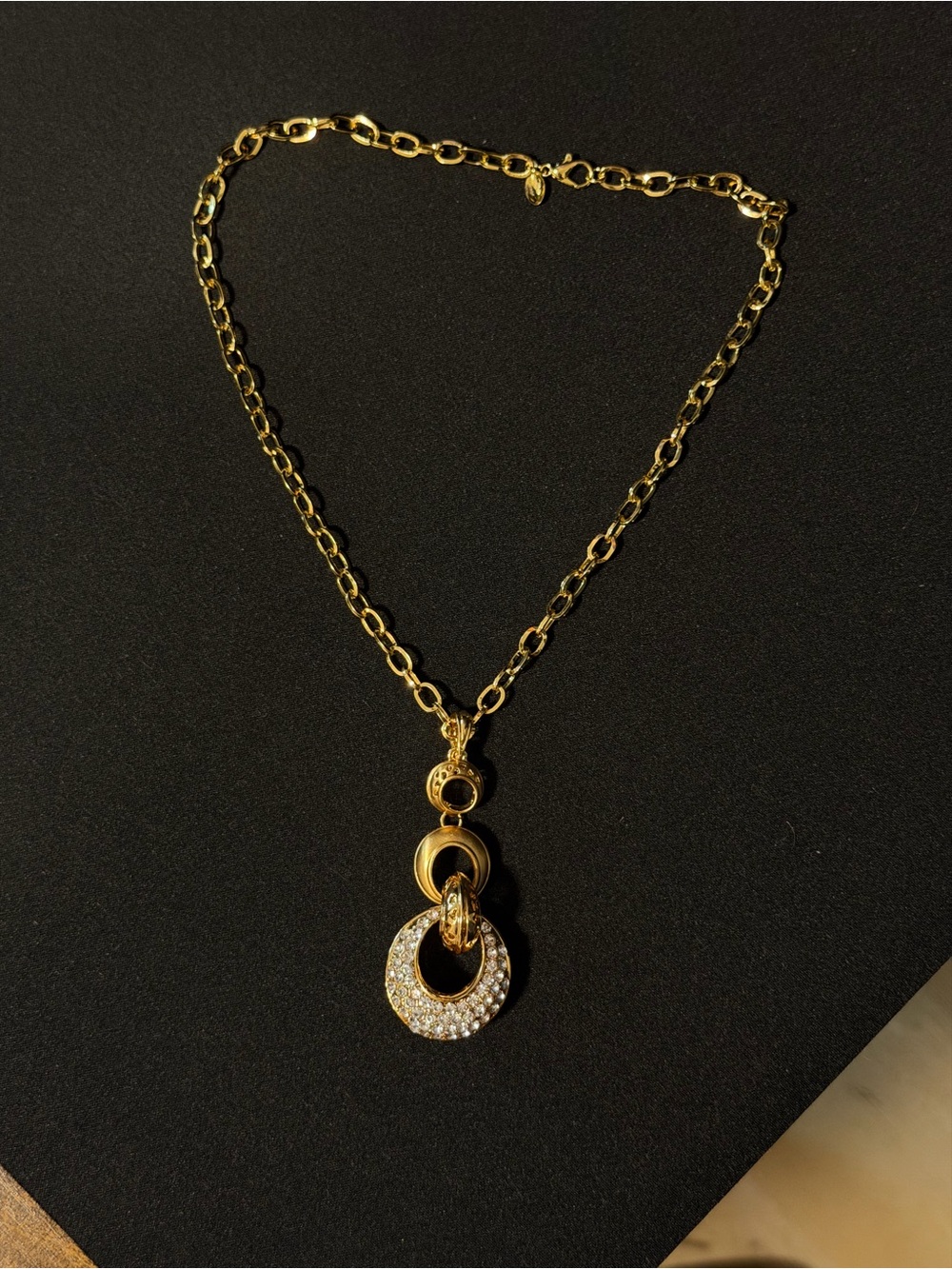 Vintage 80s Gold Tone Rhinestone Statement Pendant Necklace Signed TF